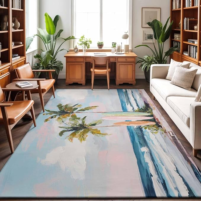 Area Rug 3x5ft, Summer Blue Ocean Surfboard Washable Rugs for Living Room Bedroom, Tropical Plant Palm Tree Soft Non-Slip Area Rugs Rectangle Floor Carpet for Dining Room