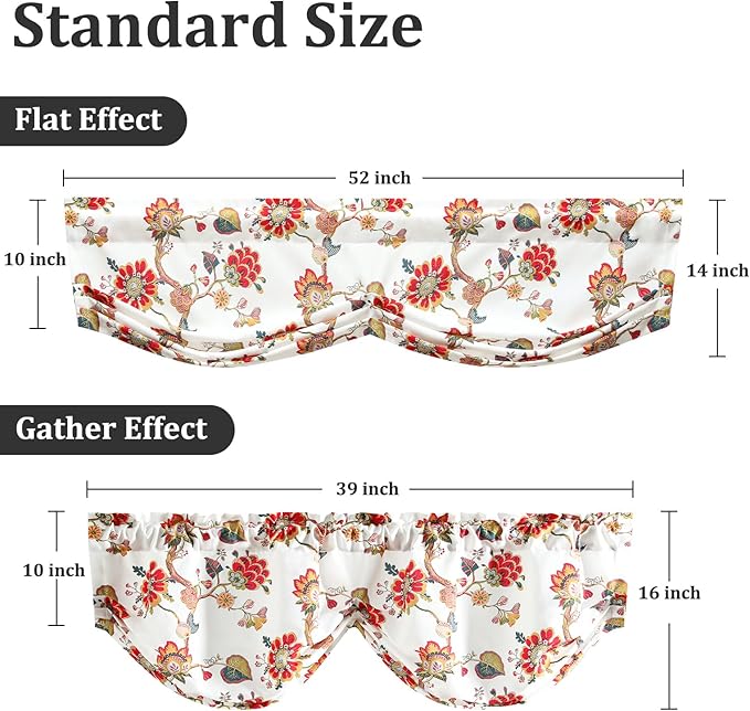 Leeva Red Vintage Floral Pleated Valance, Linen Textured Rod Pocket Curtain Topper for Living Room Windows, Retro Flower Print Farmhouse Window Treatment, 52x14 Inches, Classic Country Style