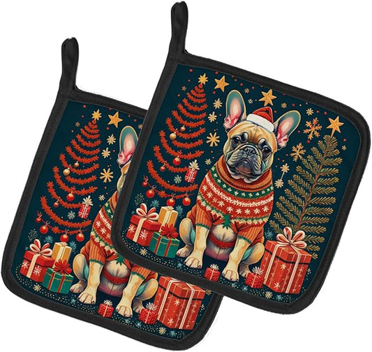Caroline's Treasures Fawn French Bulldog Christmas Pair of Pot Holders Kitchen Heat Resistant Pot Holders Sets Oven Hot Pads for Cooking Baking BBQ, 7 1/2 x 7 1/2