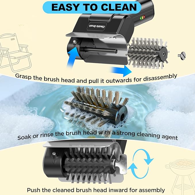 Electric Grill Brush with Dual Safety Lock - 2026 TikTok Ideal Gift for Men Dad Husband, Professional BBQ Cleaner with Submersible 304 SS Head, Splash-Proof Scrubber for Grill (Blue Button)