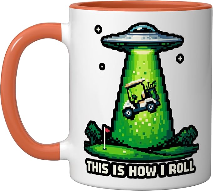 This Is How I Roll Golf UFO Abduction Funny Pixel Art Ceramic Mug, Orange/White