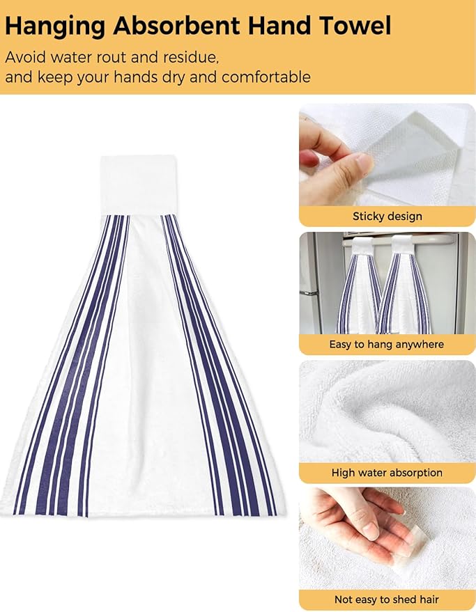 Alandar Home Kitchen Tie Towel Set of 2, Navy Blue Vertical Stripes Absorbent Soft Hand Towels for Bathroom Hanging Towels, Nautical Lines Art Fast Drying Cleaning Cloth with Loop