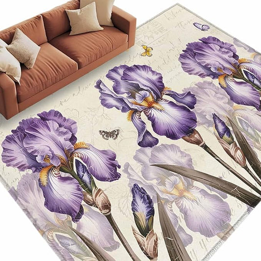 Area Rug 6x9ft, Pastoral Purple Flower Watercolor Washable Rugs for Living Room Bedroom, Country Botanical Butterflies Soft Non-Slip Area Rugs Rectangle Floor Carpet for Dining Room