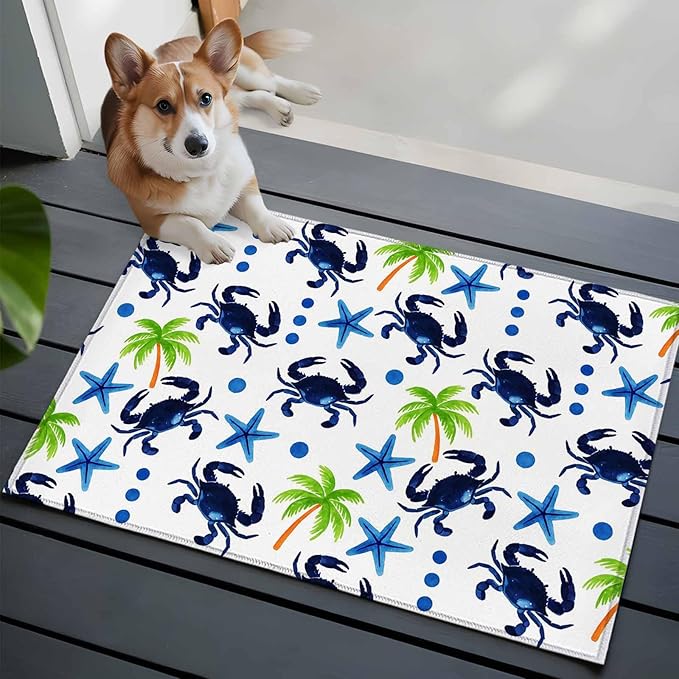 Area Rug 2x3ft, Abstract Blue Crab Starfish Washable Rugs for Living Room Bedroom, Watercolor Palm Tree Soft Non-Slip Area Rugs Rectangle Floor Carpet for Dining Room