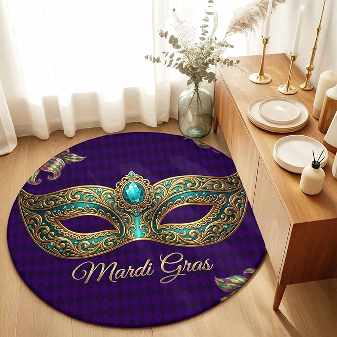 Washable Round Area Rug Mardi Gras Mask Purple Plaid Circle Rugs Floor Carpet for Living Room Bedroom, Abstract Blossom Floral Soft Non Slip Round Rug 5ft