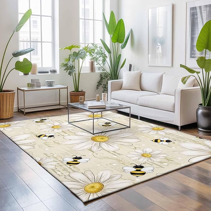 Area Rug 3x5ft, Retro Watercolor White Floral Bee Washable Rugs for Living Room Bedroom, Summer Daisy Letter Texture Soft Non-Slip Area Rugs Rectangle Floor Carpet for Dining Room