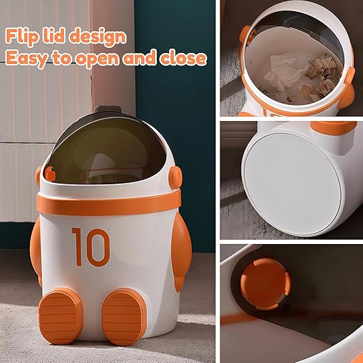 Sylfaen Astronaut Trash Can Wastebasket, 12 Liter / 3.2 Gallon Bathroom Garbage Can with Lid, Garbage Can for Kids, Cute Trash Can for Bedroom, Kids Room, Bathroom, Living Room (Orange)