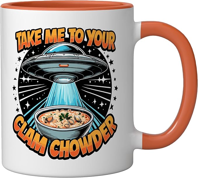 Take Me to Your Clam Chowder UFO Abduction Clam Chowder Ceramic Mug, Orange/White