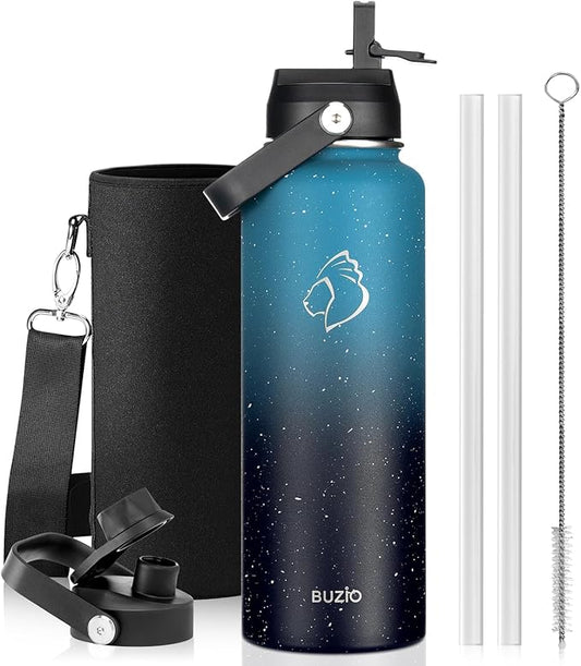 BUZIO 40oz Insulated Water Bottle with Straw, Stainless Steel Double Wall Sports Wide Mouth Water Bottle, BPA-Free Flex Cap and Straw Lid, Keep Cold for 48 Hrs, Hot for 24 Hrs, Starry Indigo
