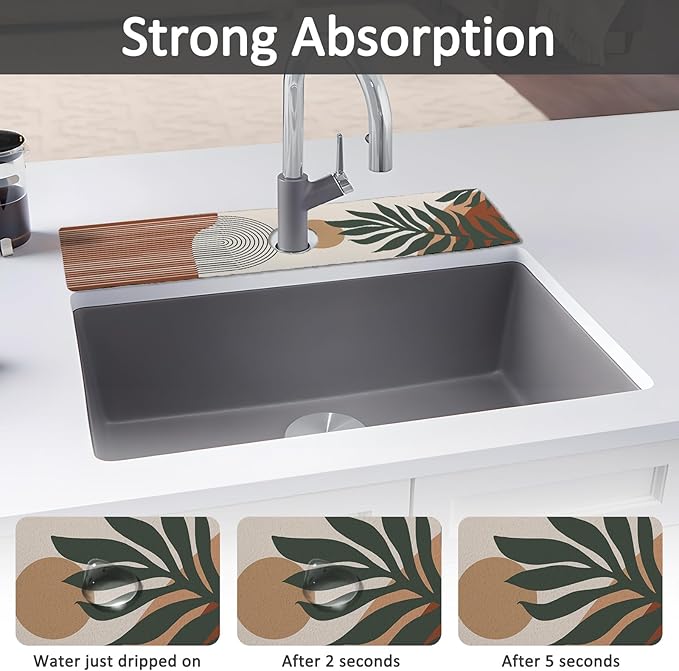 24" X 5.5" Kitchen Sink Splash Guard Faucet Mat Boho Super Absorbent Fast Drying Faucet Guard & Draining Mat Sink Splash Guard Behind Faucet for Kitchen, Bathroom