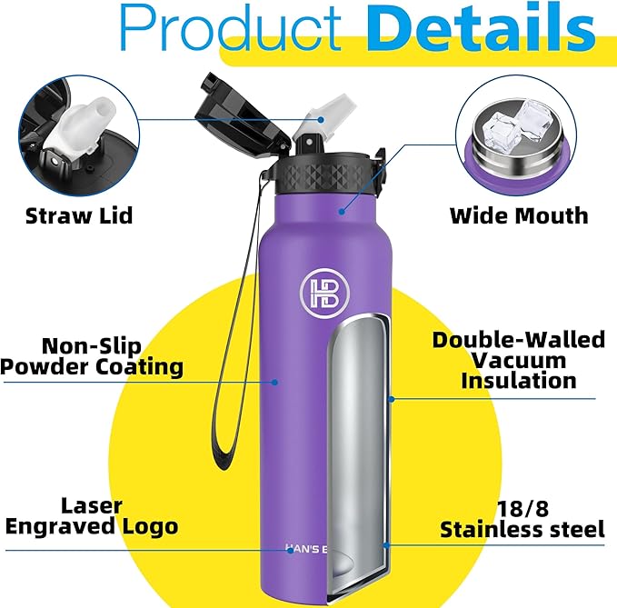Han's Bottle Sports Water Bottle - 24 Oz, Straw Lid, Leak Proof, Vacuum Insulated Stainless Steel, Double Walled, Thermo Mug,Purple