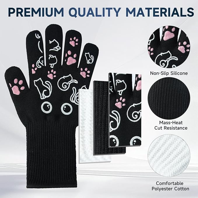 BBQ Gloves - 1472℉ Heat Resistant Grilling Cooking Oven Gloves with Fingers, 1 Pair Cat