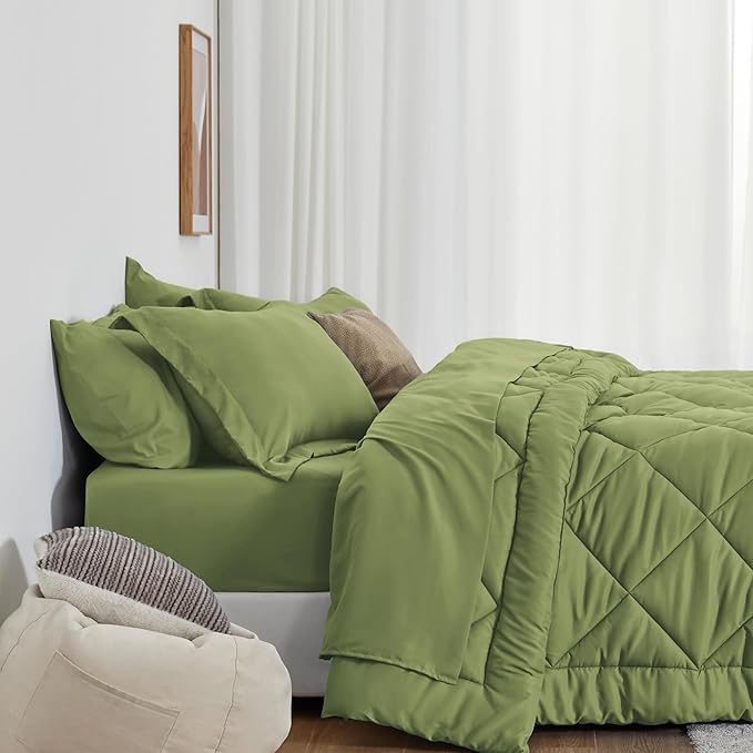 Love's cabin Full Comforter Set Olive Green, 7 Pieces Full Bed in a Bag, All Season Bedding Sets with 1 Comforter, 1 Flat Sheet, 1 Fitted Sheet, 2 Pillowcase and 2 Pillow Sham | Soft, Breathable, Lightweight, Comfortable