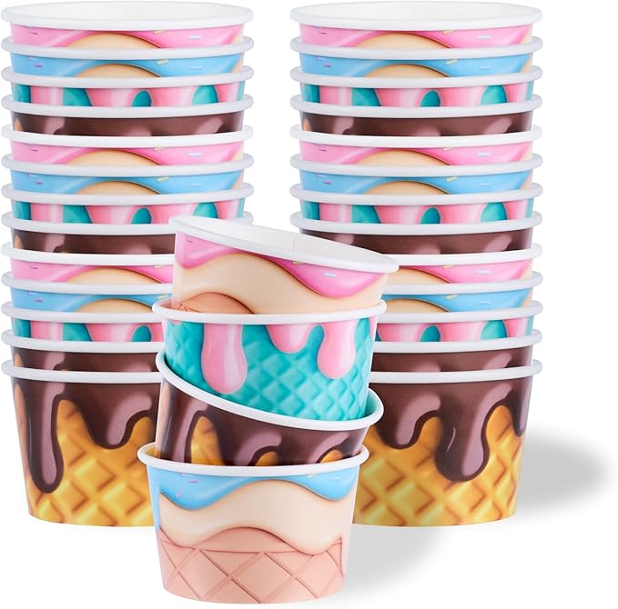 Restaurantware Paper Cups 200 Count 8 Ounce Square Disposable Ice Cream Containers, Leak-Resistant Paper Dessert To Go Cups, Hot And Cold Food, Durable Assorted Cone Design