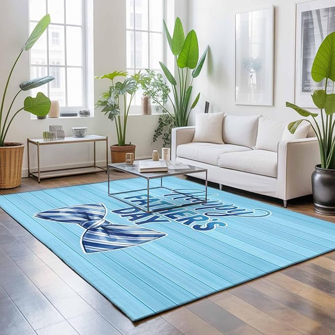 Area Rug 4x6ft, Father's Day Vintage Plank Washable Rugs for Living Room Bedroom, Cartoon Blue Stripes Bow Soft Non-Slip Area Rugs Rectangle Floor Carpet for Dining Room