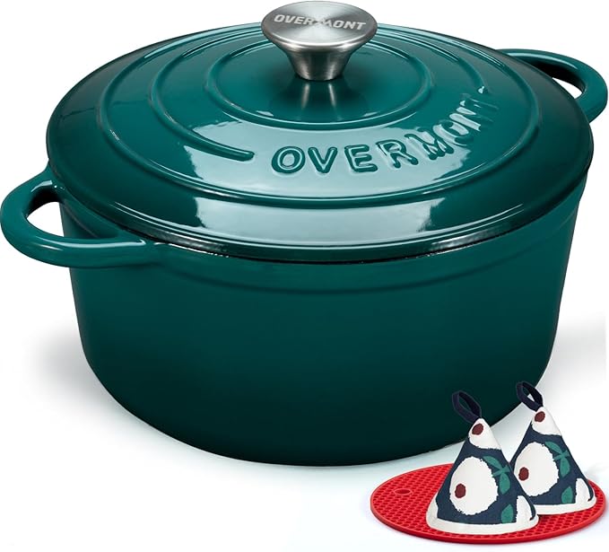 Overmont Enameled Cast Iron Dutch Oven - 7QT Pot with Lid Cookbook & Cotton Potholders - Heavy-Duty Cookware for Braising, Stews, Roasting, Sourdough Baking bottle green