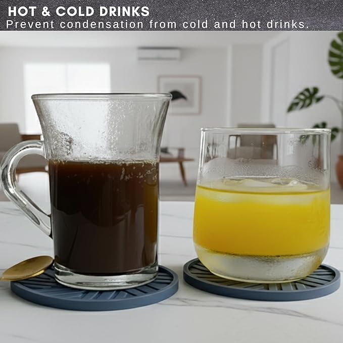 Silicone Coasters for Drinks Set of 6 & Gold Holder with Smart and Modern Groove Patterns - protecs Your Coffee Table from Condensation Mugs, Cups, Home Office bar Decor - Blue Gray