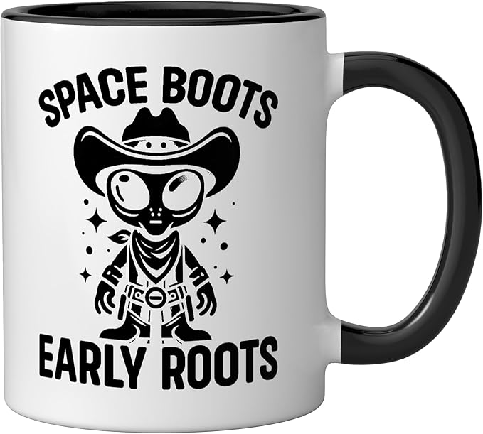 Alien Lover Flying Saucer UFO Extraterrestrial Cowboy Ceramic Mug, Black/White
