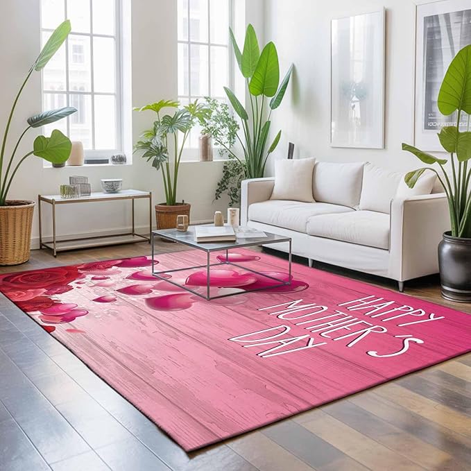 Area Rug 4x6ft, Mother's Day Love Balloon Rose Washable Rugs for Living Room Bedroom, Gradient Pink Wood Grain Soft Non-Slip Area Rugs Rectangle Floor Carpet for Dining Room