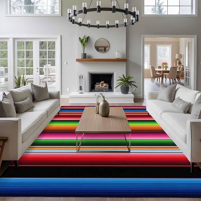 Area Rug 6x9ft, Mexico Art Colorful Stripes Washable Rugs for Living Room Bedroom, Color Gradient Lines Soft Non-Slip Area Rugs Rectangle Floor Carpet for Dining Room