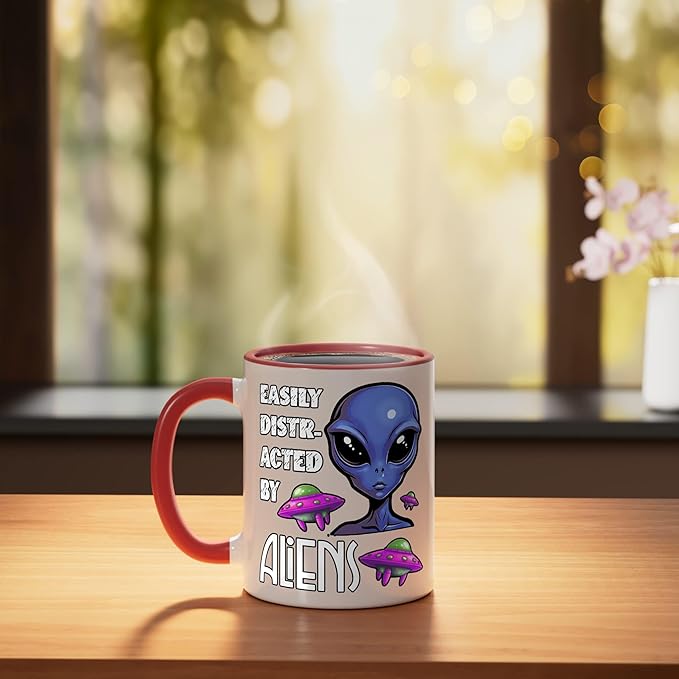 Easily Distracted By Aliens Funny Sci Fi Apparel Design Ceramic Mug, Red/White