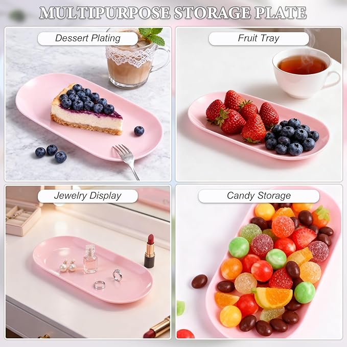 SUTOKAKA Decorative Serving Tray, Manicure Tools Storage Dish, Perfume Jewelry Dinner Placing Plate for Bedroom Kitchen Salon Supplies (Pink - 2PC, 7.09 * 3.35 * 0.39 inch)