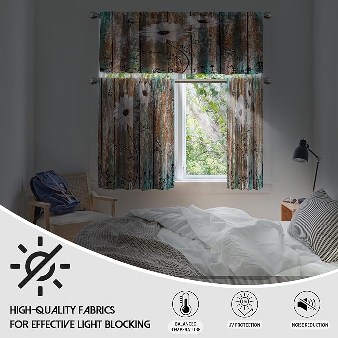MCALK Floral Blackout Kitchen Curtains Tiers and Valances - 3 Piece Set for Windows, Butterfly Pattern, Farmhouse Wooden Texture Valances for Living Room (36" Tiers Set)