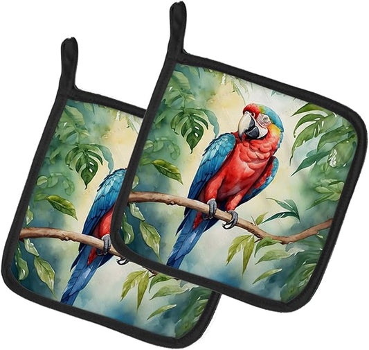 Caroline's Treasures Macaw Parrot Pair of Pot Holders Kitchen Heat Resistant Pot Holders Sets Oven Hot Pads for Cooking Baking BBQ, 7 1/2 x 7 1/2
