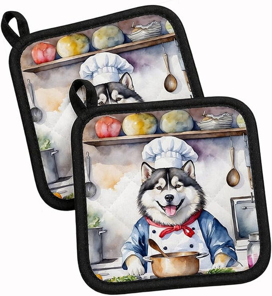 Caroline's Treasures Alaskan Malamute The Chef Pair of Pot Holders Kitchen Heat Resistant Pot Holders Sets Oven Hot Pads for Cooking Baking BBQ, 7 1/2 x 7 1/2