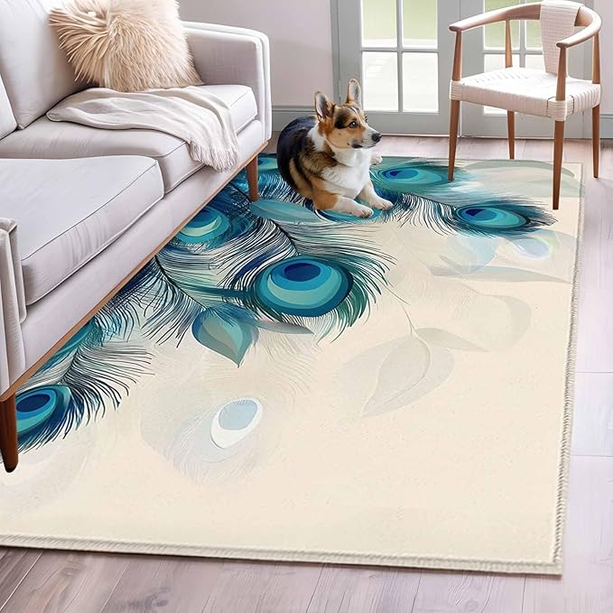 Area Rug 4x6ft, Abstract Animal Art Peacock Feather Washable Rugs for Living Room Bedroom, Watercolor Blue Eyes Beige Soft Non-Slip Area Rugs Rectangle Floor Carpet for Dining Room