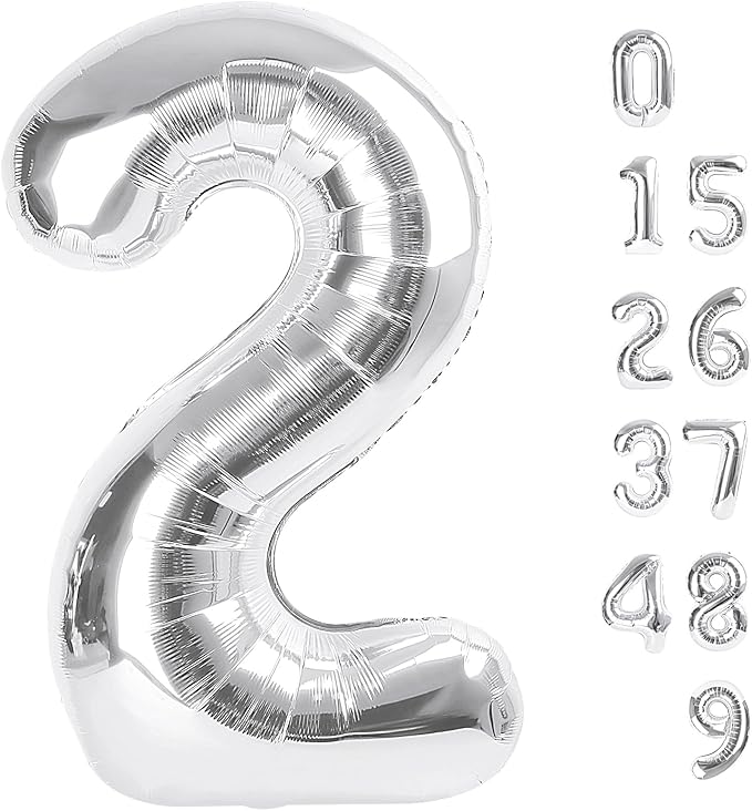 2 Numbers Balloon 40 Inch Silver Two Balloon Number Birthday Decor, 2nd 12 21st Party Celebration Decorations Graduations Wedding Baby Shower