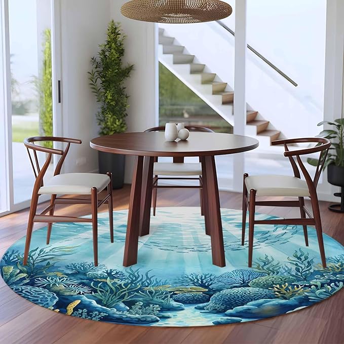 Washable Round Area Rug Underwater World Coral Seaweed Circle Rugs Floor Carpet for Living Room Bedroom, Seafloor Ocean Life Fish Soft Non Slip Round Rug 5ft
