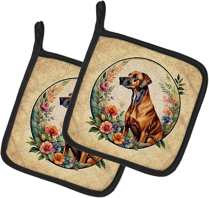 Caroline's Treasures Rhodesian Ridgeback and Flowers Pair of Pot Holders Kitchen Heat Resistant Pot Holders Sets Oven Hot Pads for Cooking Baking BBQ, 7 1/2 x 7 1/2