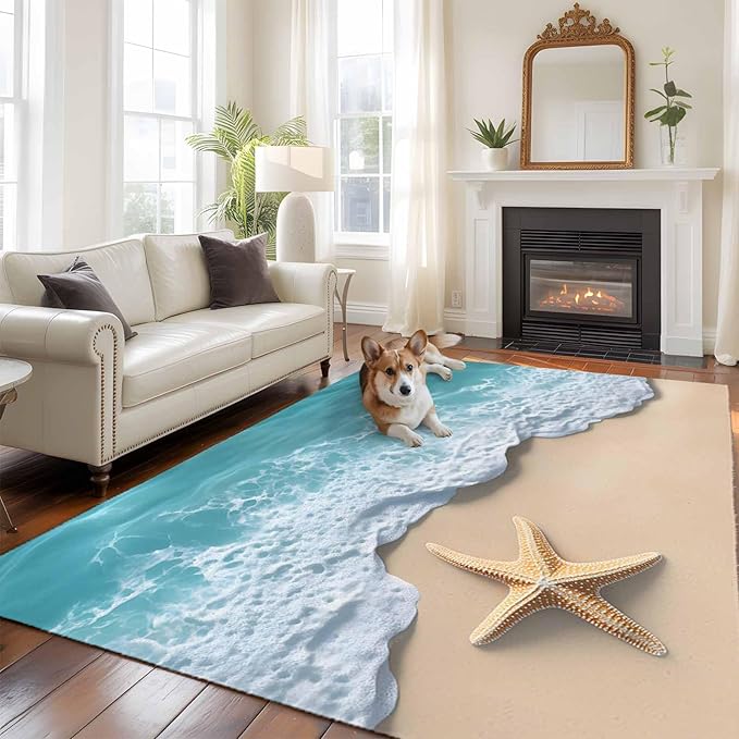Area Rug 6x9ft, Beach Starfish Teal Sea Water Washable Rugs for Living Room Bedroom, Summer Ocean Theme Soft Non-Slip Area Rugs Rectangle Floor Carpet for Dining Room