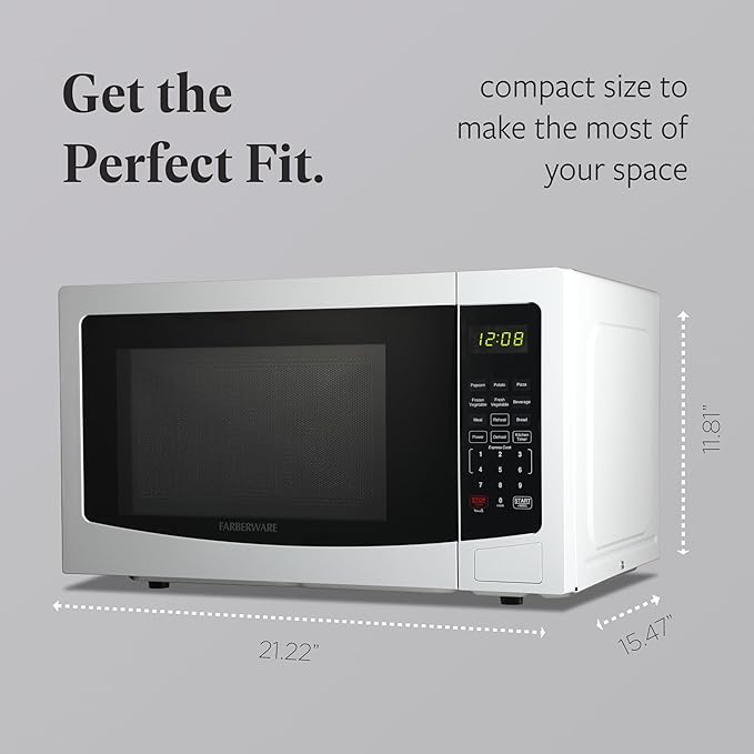 Farberware 1.1 Cu. Ft. Countertop Microwave Oven – 1000 Watts Power, Auto Cook Settings, Defrost, Easy Clean and Child Safety Lock - White