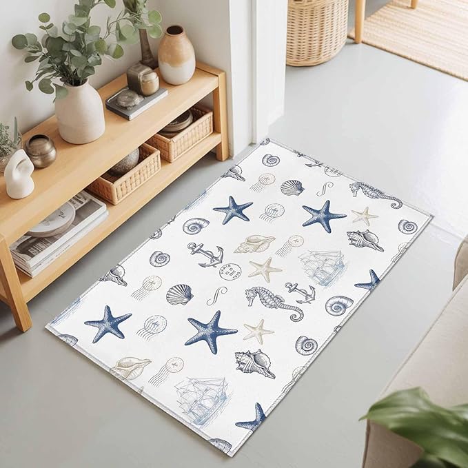 Area Rug 2x3ft, Ocean Starfish Seahorse Shell Conch Washable Rugs for Living Room Bedroom, Nautical Compass Anchor Soft Non-Slip Area Rugs Rectangle Floor Carpet for Dining Room