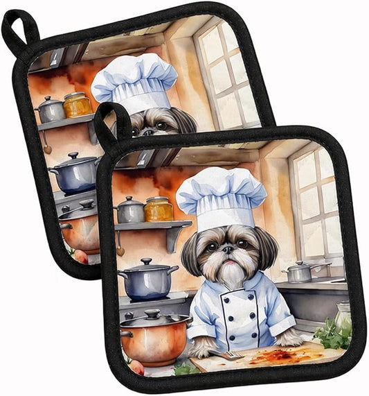 Caroline's Treasures Shih Tzu The Chef Pair of Pot Holders Kitchen Heat Resistant Pot Holders Sets Oven Hot Pads for Cooking Baking BBQ, 7 1/2 x 7 1/2