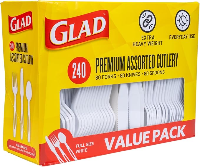 Glad White Disposable Cutlery Set with Heavy Duty Plastic Forks, Knives, and Spoons, Reusable Dishwasher Safe Plastic Utensils for Parties and Everyday Use, 240 Count