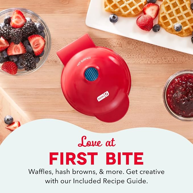 Dash Mini Waffle Maker- Mini Machine for Creative Homemade Treats - Nonstick Iron with Unique Print Design - Stylish Waffle Machine - Red Heart
