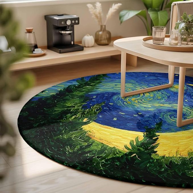 Washable Round Area Rug Giant Moon Forest Expressionist Art Circle Rugs Floor Carpet for Living Room Bedroom, Dreamy Night Navy Blue Soft Non Slip Round Rug 3ft