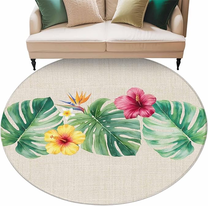 Washable Round Area Rug Country Monstera Hibiscus Foliage Circle Rugs Floor Carpet for Living Room Bedroom, Tropical Plant Vintage Linen Soft Non Slip Round Rug 5ft