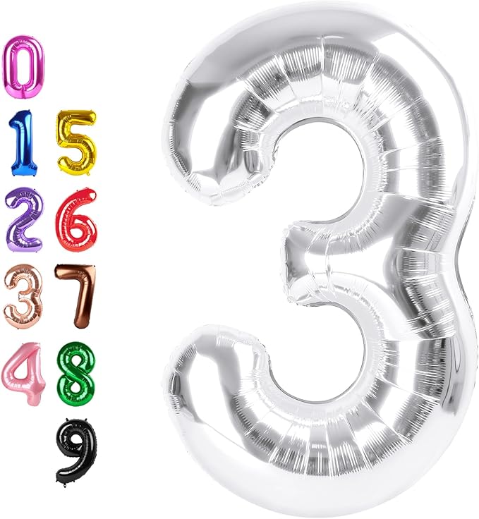 40 Inch Numbers 3 Balloon, Three Silver Happy Birthday Balloons 3rd for Girls Boys Babies, Number Balloons for 3 13 23 30 Wedding Bridal Shower Anniversaries Party