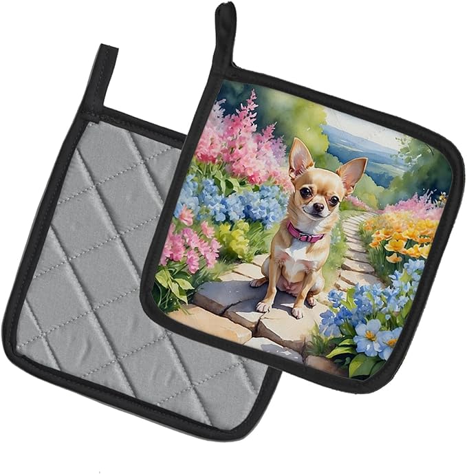 Caroline's Treasures Chihuahua Spring Path Pair of Pot Holders Kitchen Heat Resistant Pot Holders Sets Oven Hot Pads for Cooking Baking BBQ, 7 1/2 x 7 1/2