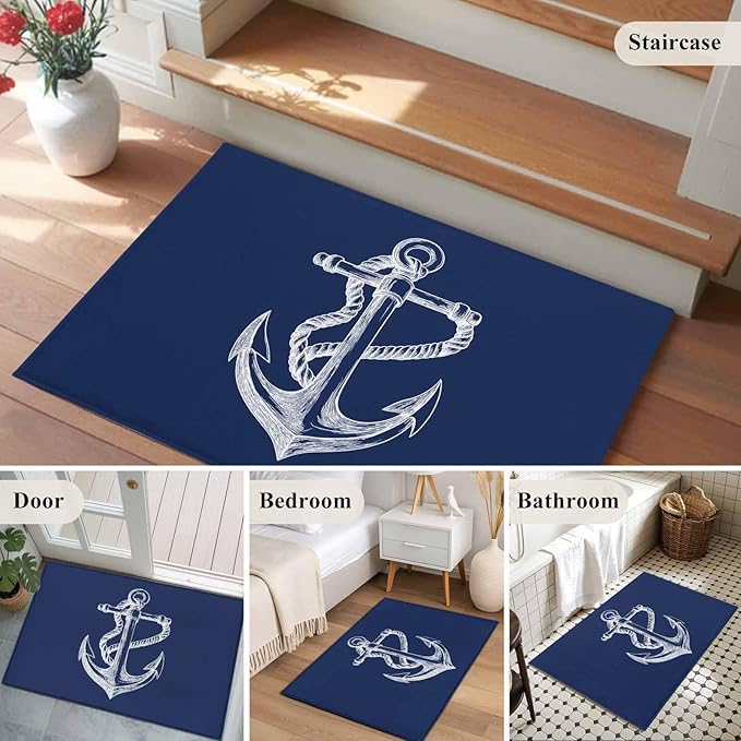Area Rug 2x3ft, Marine Theme Anchor String Sketch Washable Rugs for Living Room Bedroom, Watercolor Nautical Theme Soft Non-Slip Area Rugs Rectangle Floor Carpet for Dining Room