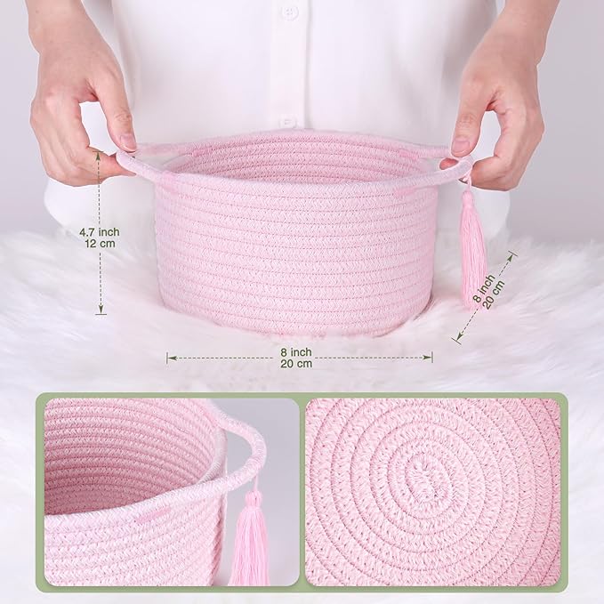 Small Cute Empty Gift Basket - Little Woven Rope Baskets for Girl, Baby Shower Gifting, Makeup, Desk，Valentines，Bathroom- Decorative Vanity Organizer Bins - 2 Pack, Pre-Shaped, Pastel Pink