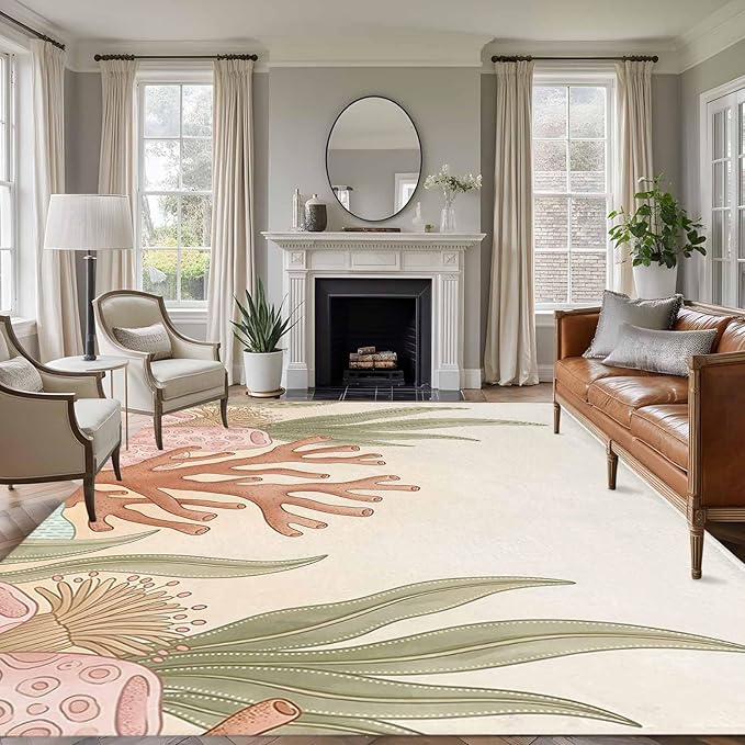 Area Rug 8x10ft, Ocean Coral Seaweed Shell Reef Washable Rugs for Living Room Bedroom, Watercolor Marine Theme Soft Non-Slip Area Rugs Rectangle Floor Carpet for Dining Room