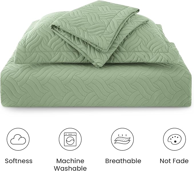 Love's cabin California King Size Quilt Bedding Set Sage Bedspread - Cal King Summer Lightweight Bedspread Comforter - Wave Pattern Coverlet for All Season - 3 Pieces (1 Quilt, 2 Pillow Shams)
