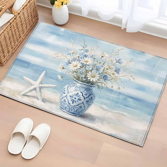 Area Rug 2x3ft, Summer Beach Starfish Flower Washable Rugs for Living Room Bedroom, Marine Theme Daisy Vase Soft Non-Slip Area Rugs Rectangle Floor Carpet for Dining Room