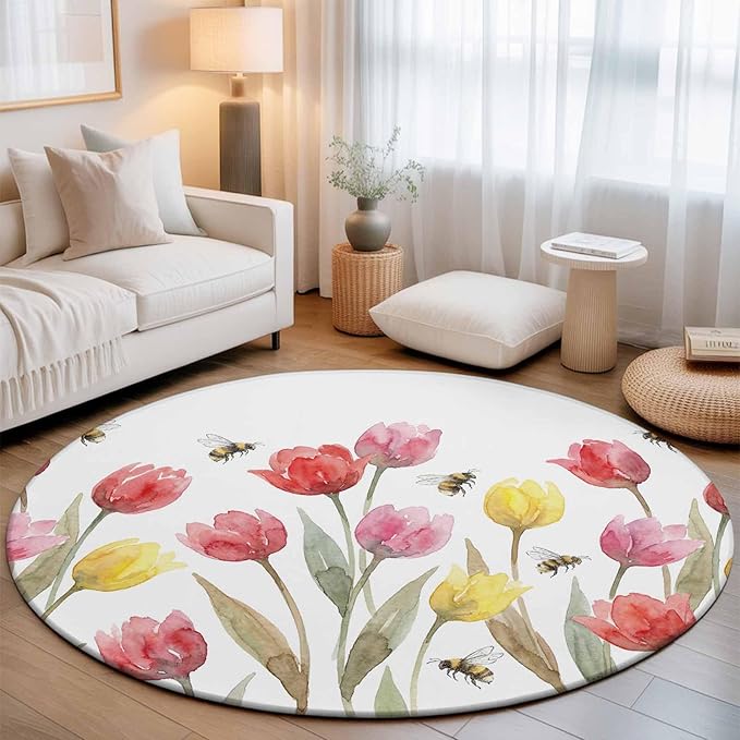 Washable Round Area Rug Red Pink Yellow Tulips Bees Circle Rugs Floor Carpet for Living Room Bedroom, Watercolor Flower Leaves Soft Non Slip Round Rug 5ft