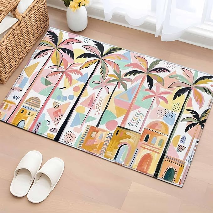 Area Rug 2x3ft, Boho Summer Artistic Palm Trees Washable Rugs for Living Room Bedroom, Abstract Buildings Soft Non-Slip Area Rugs Rectangle Floor Carpet for Dining Room